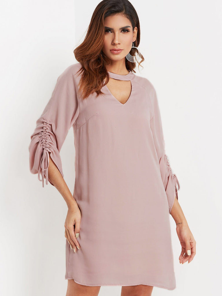Pink Round Neck Long Sleeve Plain Cut Out Casual Dress