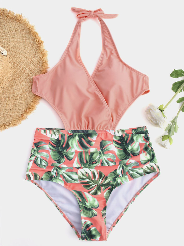 Orange V-Neck Floral Print Crossed Front Backless Cut Out Tie-Up High Waist One-Pieces Swimsuits