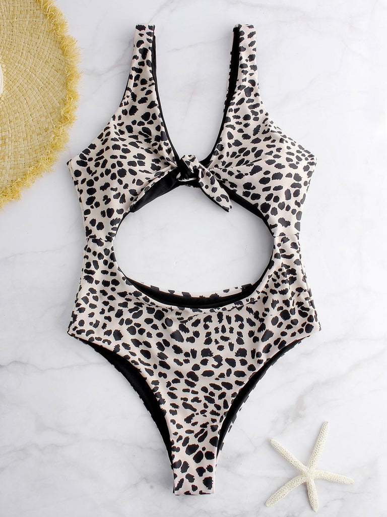 Sleeveless Leopard Cut Out Tie-Up One-Pieces Swimsuits