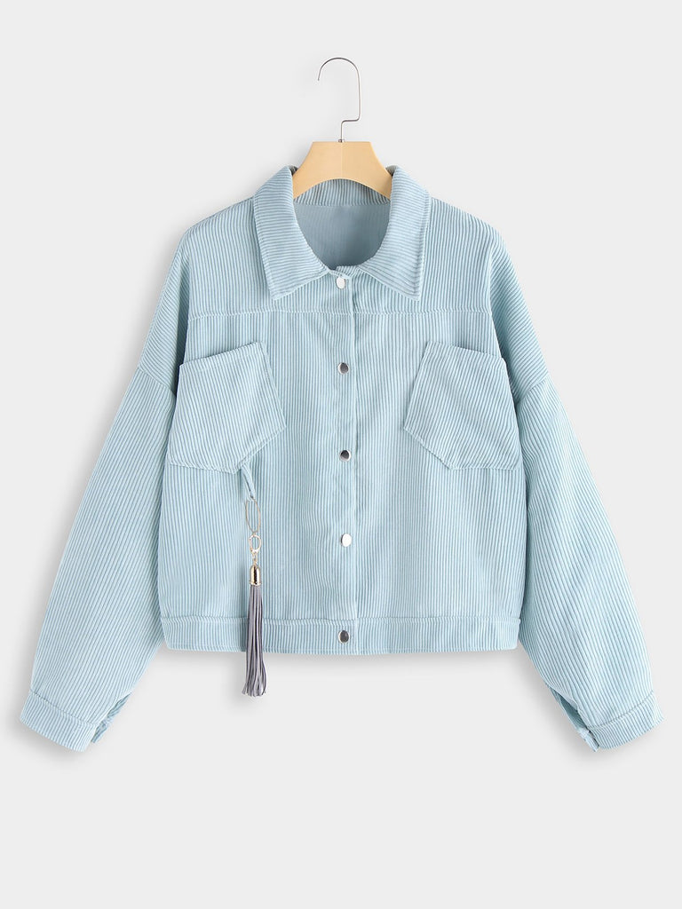 Classic Collar Plain Tassel Two Large Pockets Long Sleeve Blue Plus Size Coats & Jackets