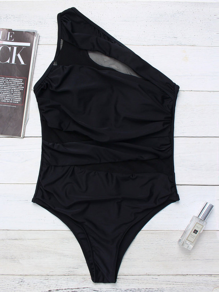 Black One Shoulder Sleeveless Plain Fishnet See Through One-Pieces Swimwear