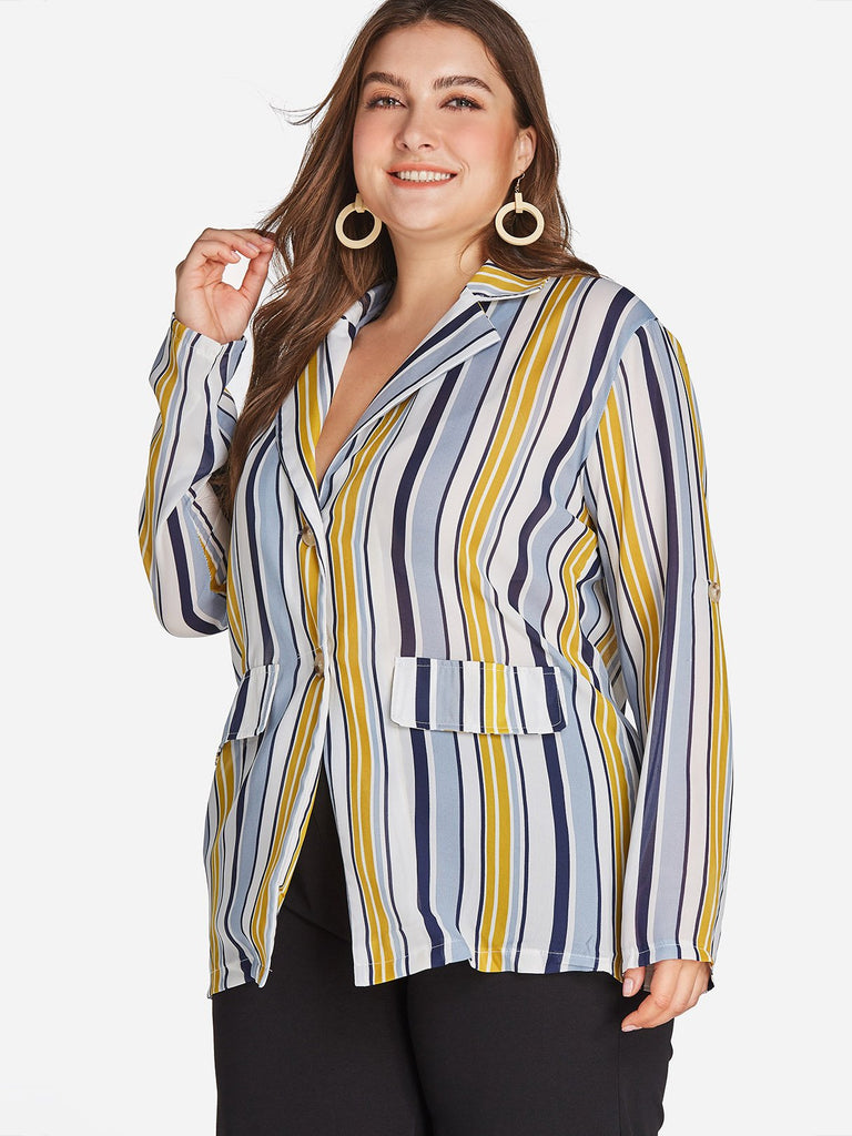 Lapel Collar Stripe Long Sleeve Plus Size Coats & Jackets