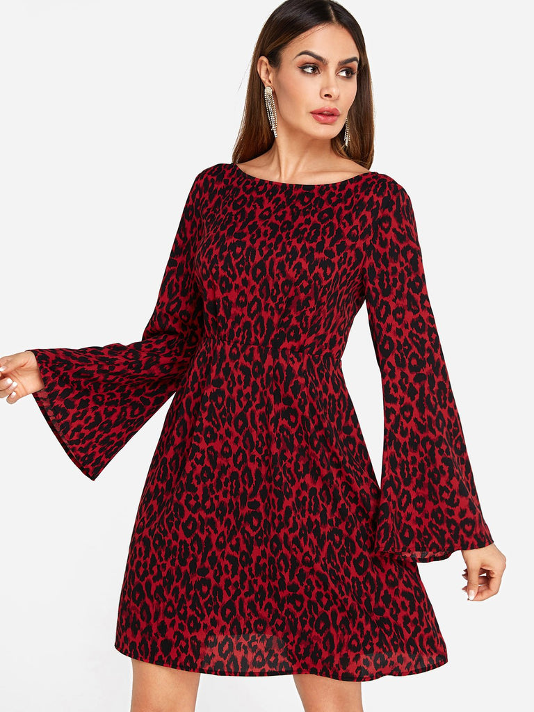 Red Round Neck Long Sleeve Leopard Casual Dress