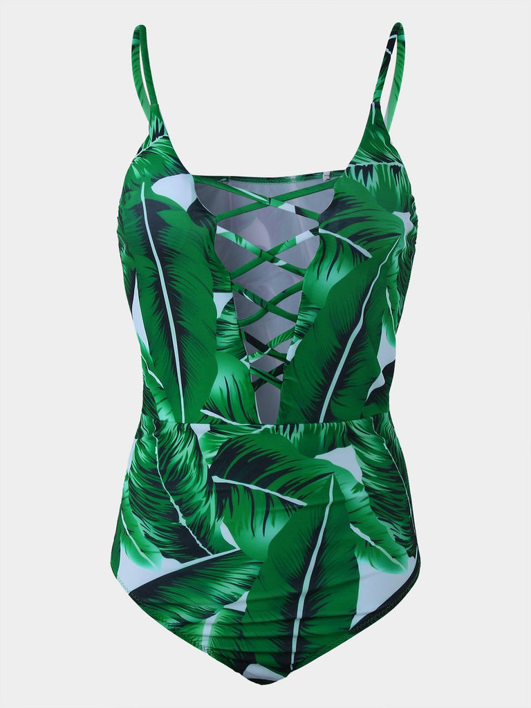 Deep V Neck Floral Print Lace-Up Criss-Cross Sleeveless Green Bikinis