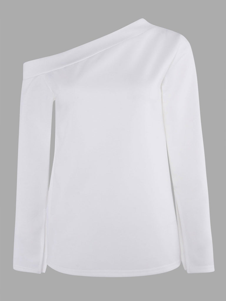 Asymmetrical One Shoulder Plain Slit Long Sleeve White T-Shirts