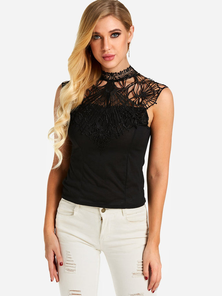 Halter Lace Cut Out Sleeveless Black Tank Top