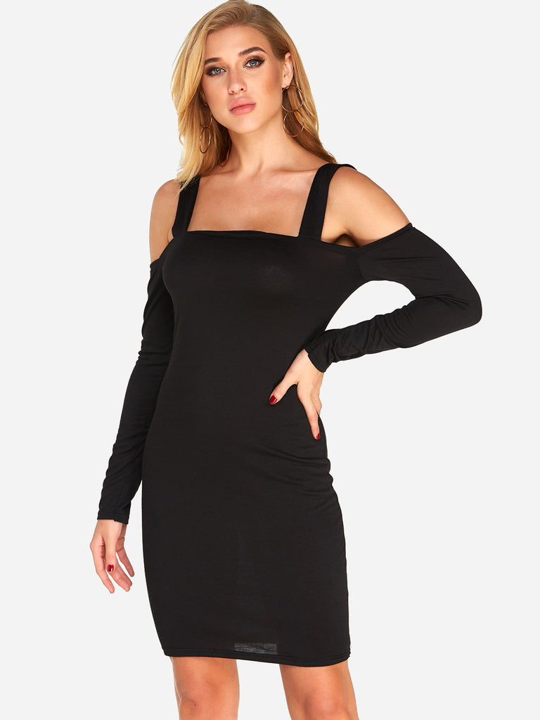 Black Cold Shoulder Long Sleeve Plain Mini Dress