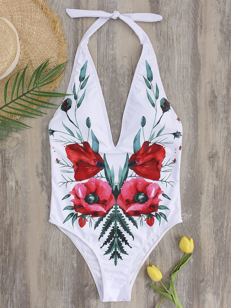 White Deep V Neck Sleeveless Floral Print Backless One-Pieces Swimwears