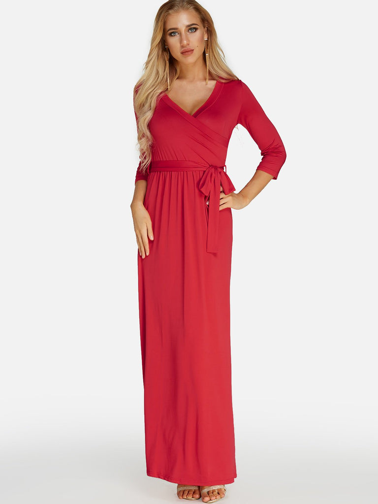 V-Neck 3/4 Length Sleeve Plain Lace-Up Maxi Dress