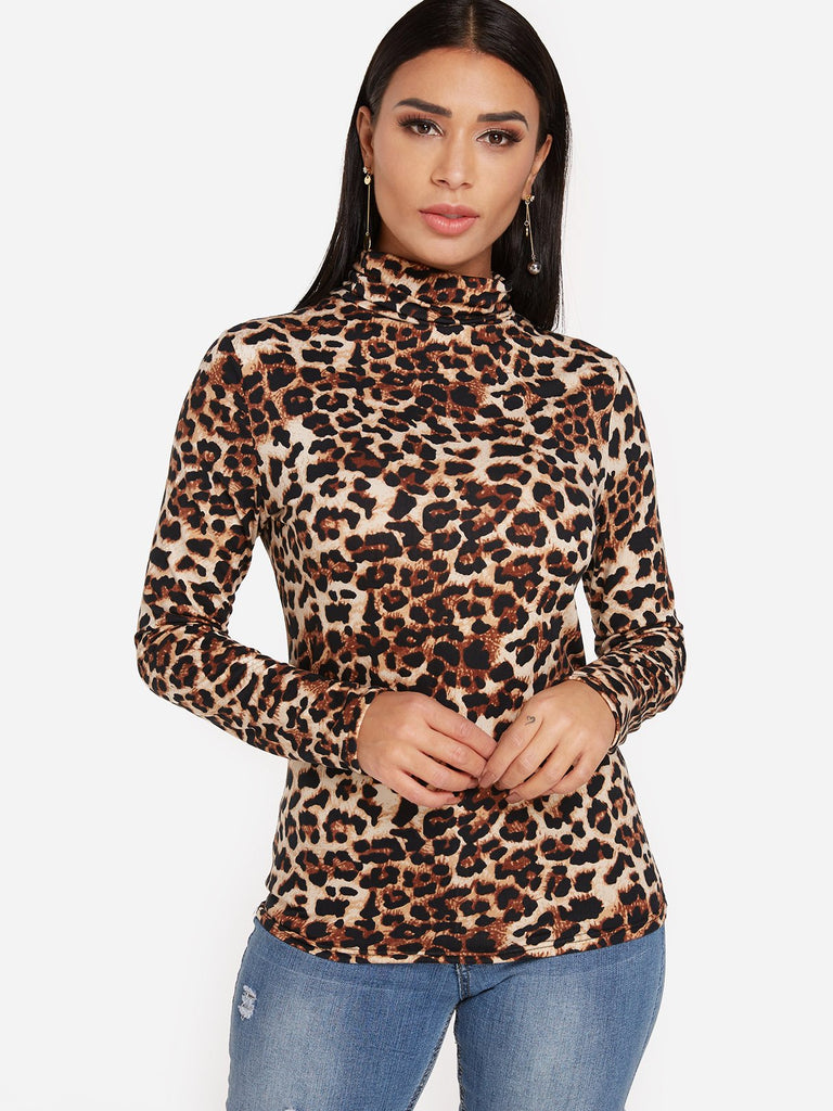Perkins Collar Leopard Long Sleeve T-Shirts