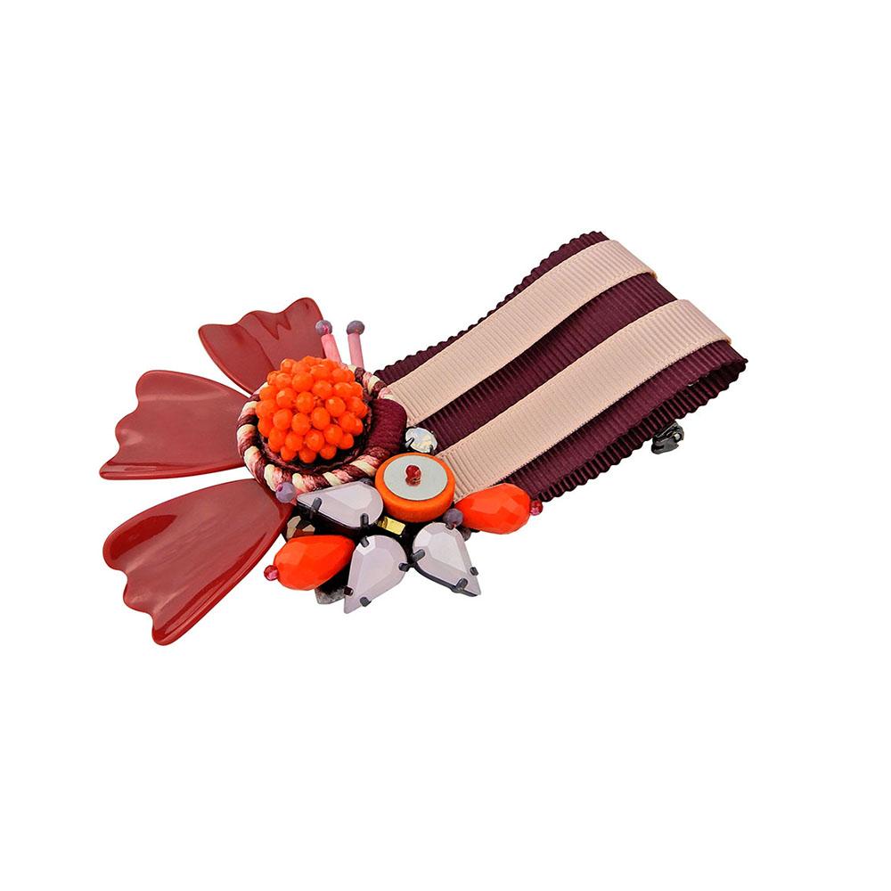 Flower Medal Brooch With Striped Ribbon