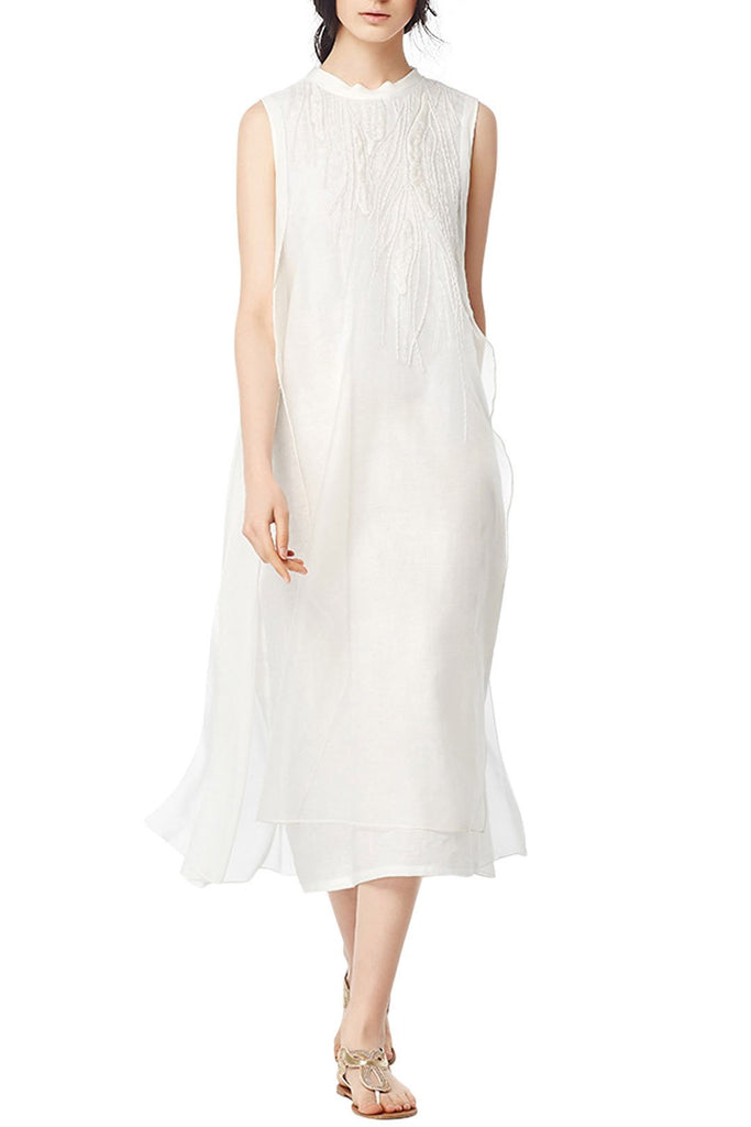 White Chiffon Dress With Embroidered Front