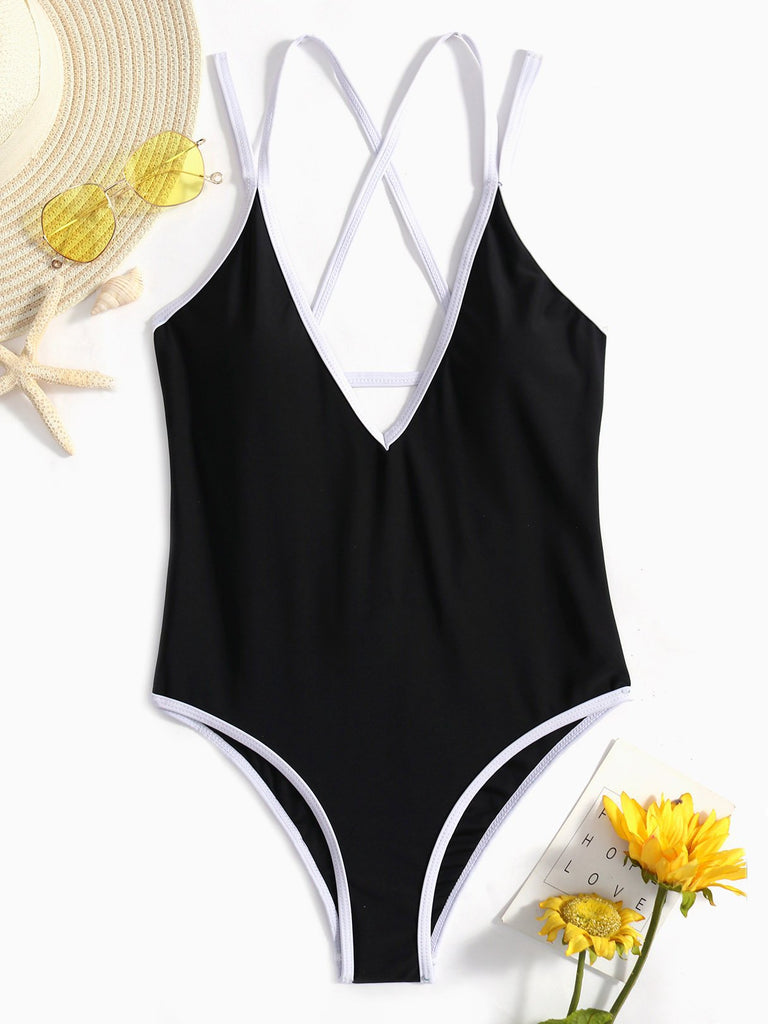 Black V-Neck Sleeveless Backless Lace-Up High-Waisted One-Pieces Swimwears