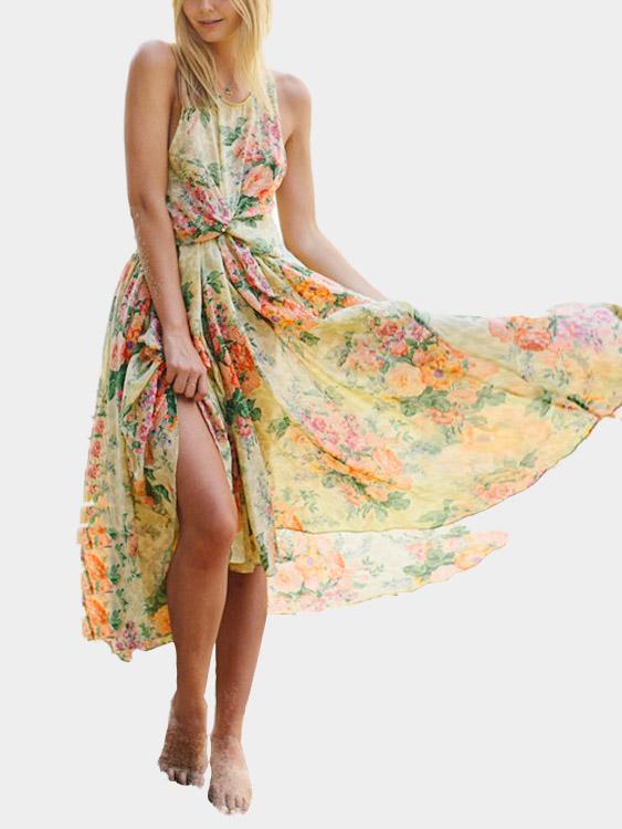 Bohemia Style Chiffon Backless Random Floral Pattern Dresses