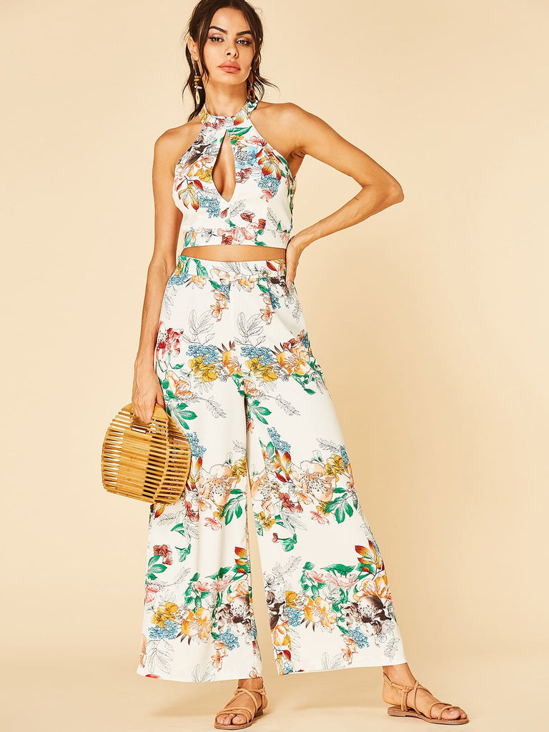 Halter Floral Print Wide Leg Sleeveless White Two Piece Outfits