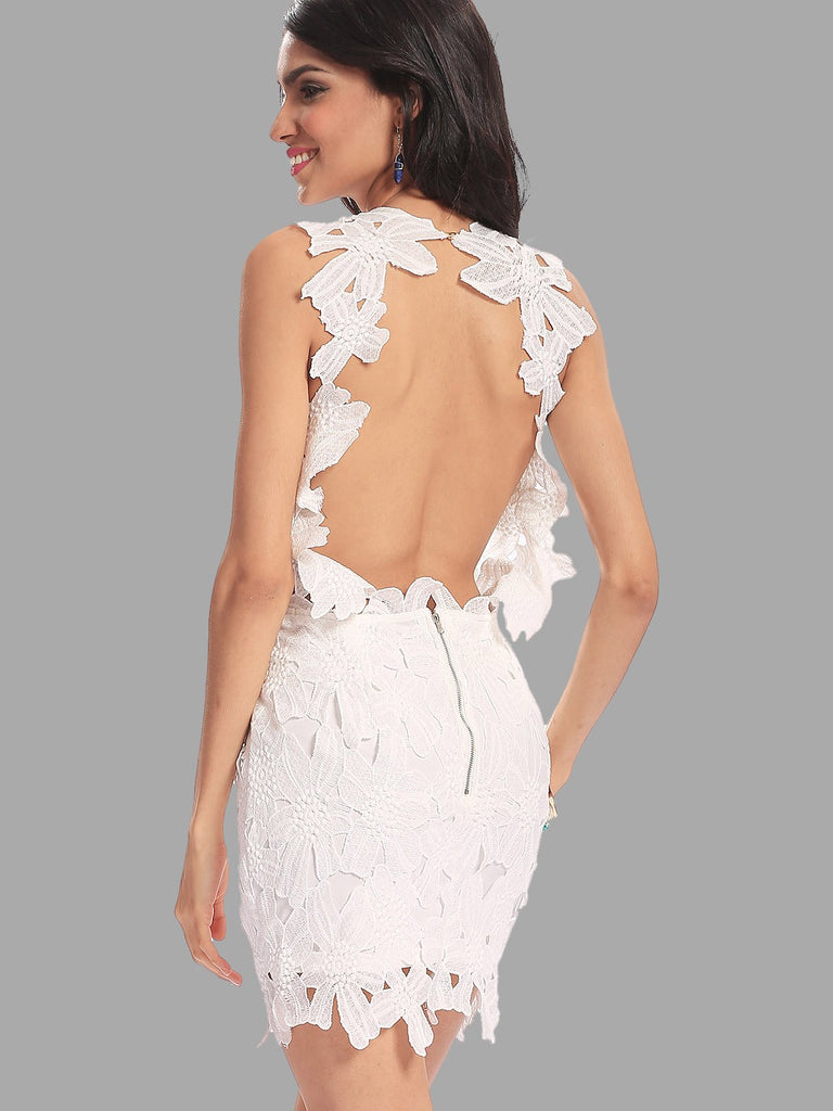 White Sleeveless Crochet Lace Embellished Zip Back Mini Dresses
