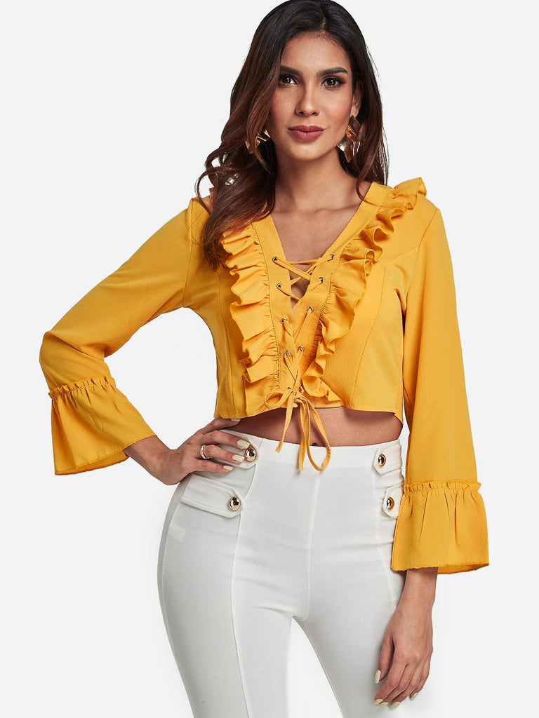 V-Neck Lace-Up Long Sleeve Yellow Blouses