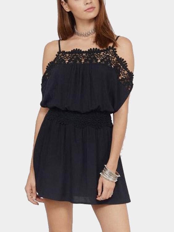 Black Cold Shoulder Short Sleeve Crochet Lace Embellished Mini Dress