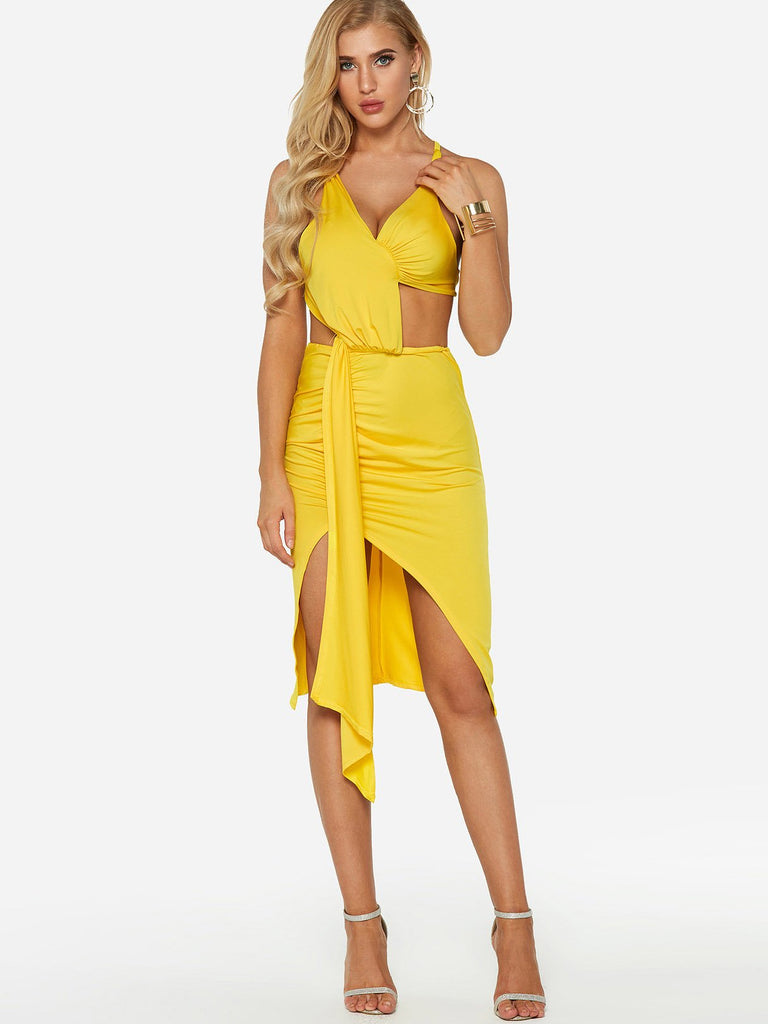 Yellow V-Neck Sleeveless Backless Irregular Hem Sexy Dress