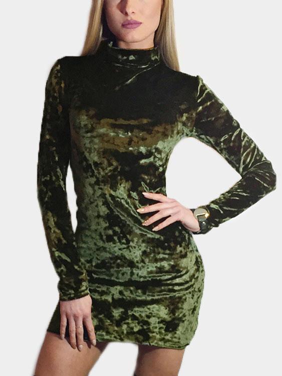 Army Green Long Sleeve High Neck Bodycon Mini Dress