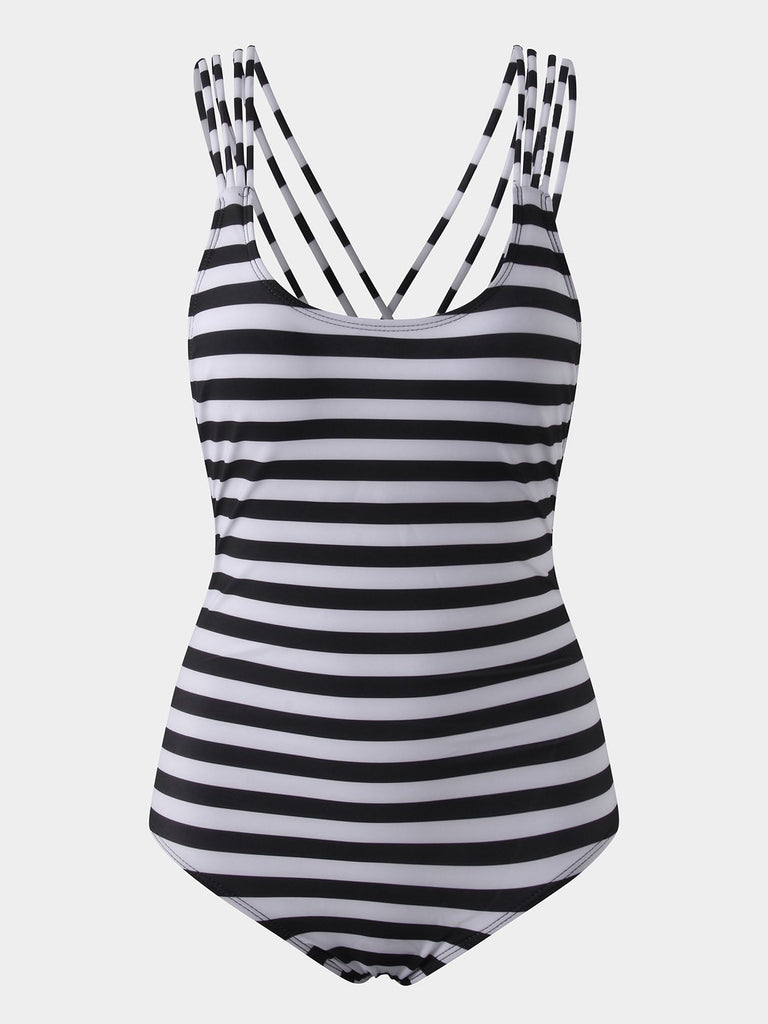 Black V-Neck Sleeveless Stripe One-Pieces Swimwears