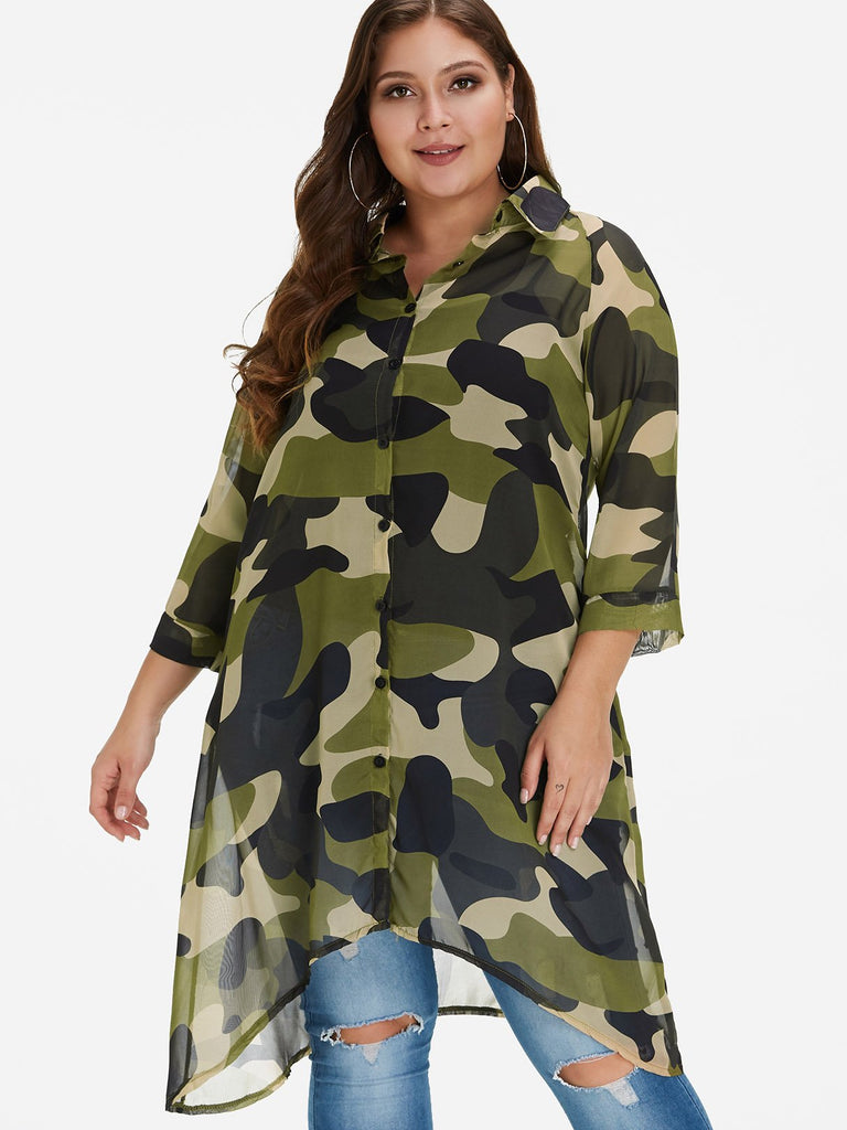 Classic Collar Camouflage 3/4 Sleeve High-Low Hem Camo Plus Size Tops