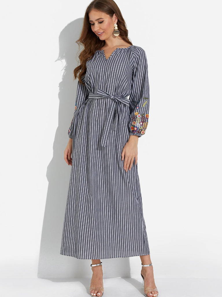 Grey V-Neck Long Sleeve Embroidered Self-Tie Maxi Dress