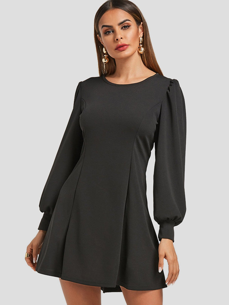 Round Neck Plain Long Sleeve Black Casual Dresses
