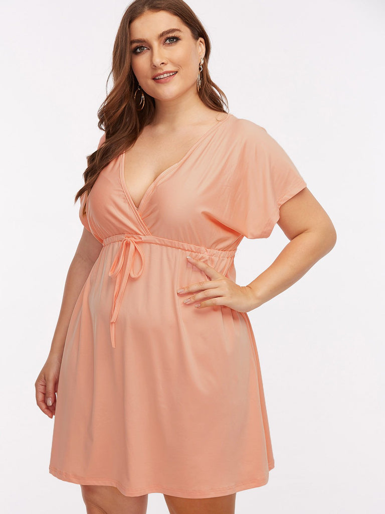 V-Neck Plain Short Sleeve Flounced Hem Light Pink Plus Size Dresses