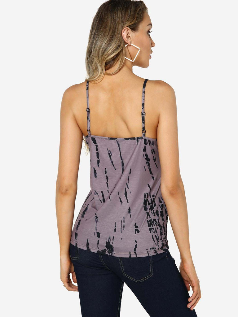 V-Neck Printed Backless Lace-Up Spaghetti Strap Sleeveless Purple Camis