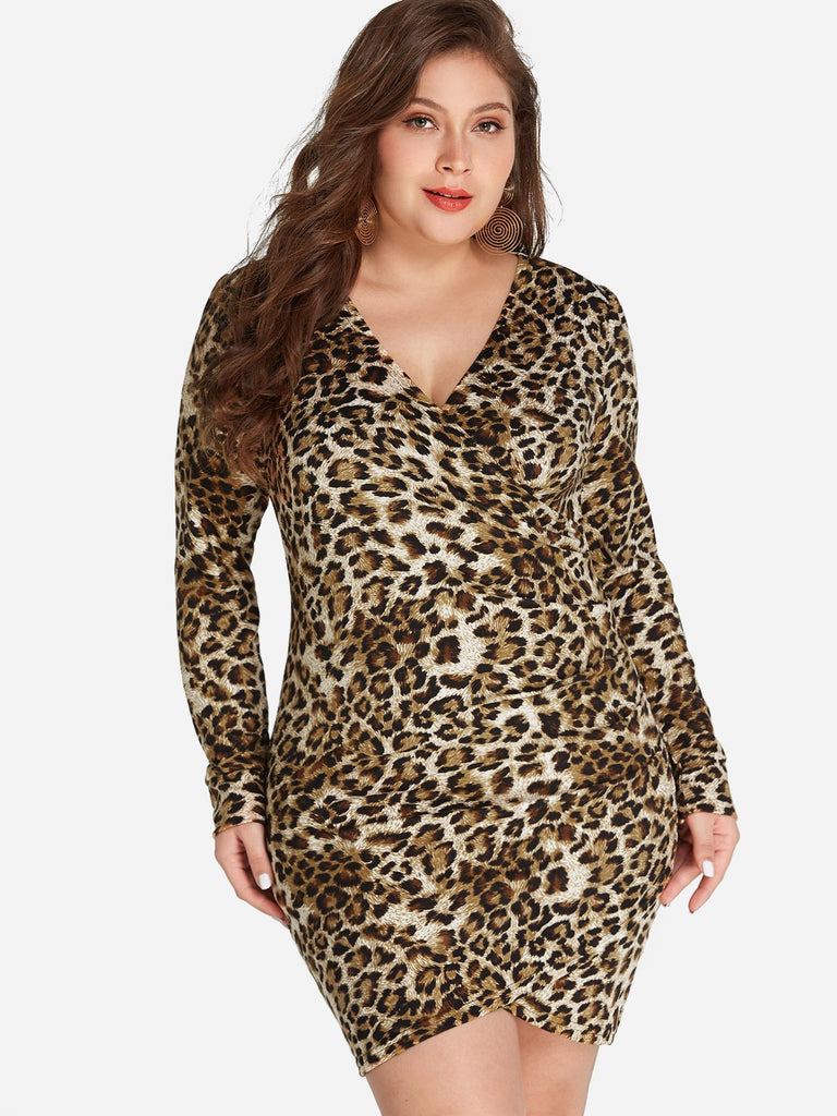 V-Neck Leopard Wrap Long Sleeve Plus Size Dress