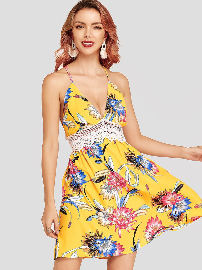 Yellow V-Neck Sleeveless Floral Print Lace Backless Self-Tie Mini Dresses