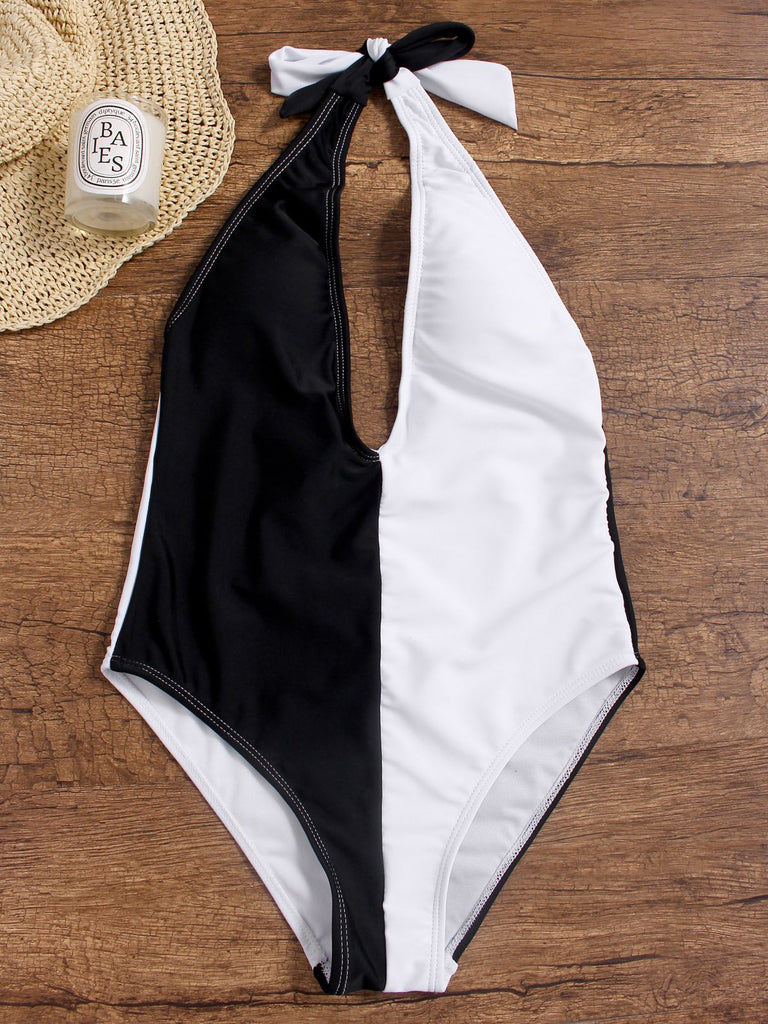 Black Deep V Neck Sleeveless One-Pieces Swimsuits