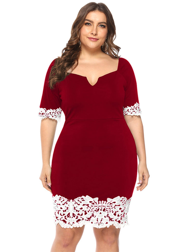 V-Neck Plain Short Sleeve Burgundy Plus Size Dress