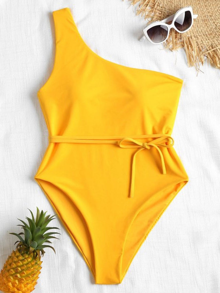 Yellow One Shoulder Sleeveless Plain Belt One-Piece Swimsuit
