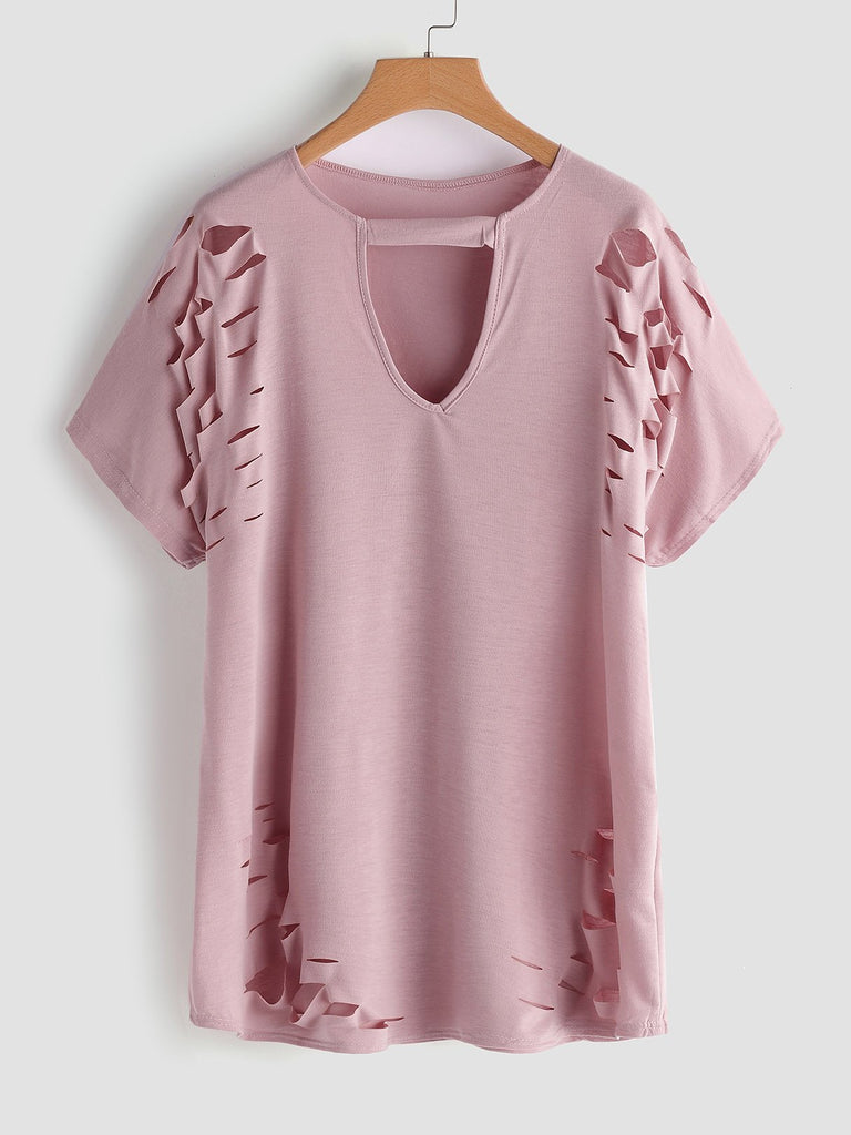 V-Neck Plain Cut Out Short Sleeve Pink Plus Size Tops