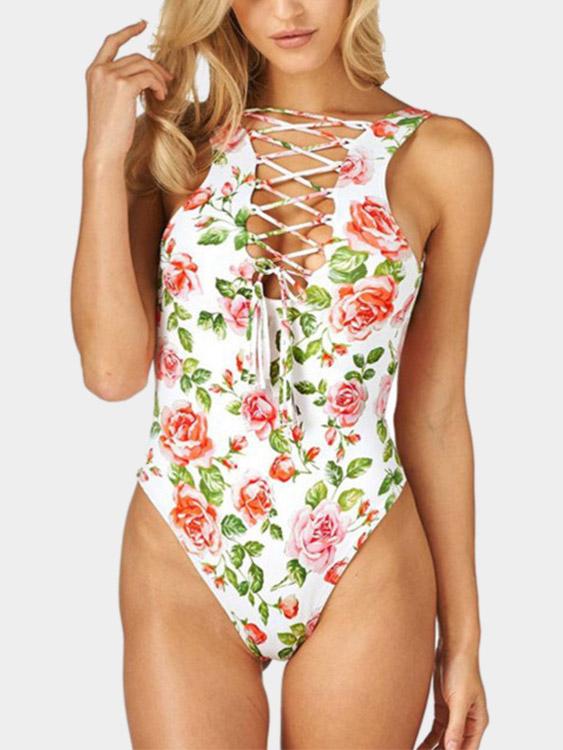 White Sleeveless Floral Print Backless Lace-Up One-Pieces