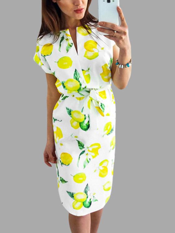 Yellow Round Neck Short Sleeve Floral Print Curved Hem High-Waisted Dress