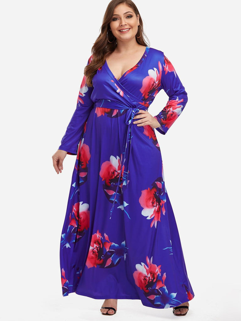 V-Neck Floral Print Wrap Long Sleeve Plus Size Maxi Dresses