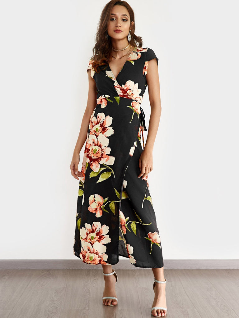 Black Short Sleeve Floral Print Deep V Neck Slit Hem Maxi Dresses