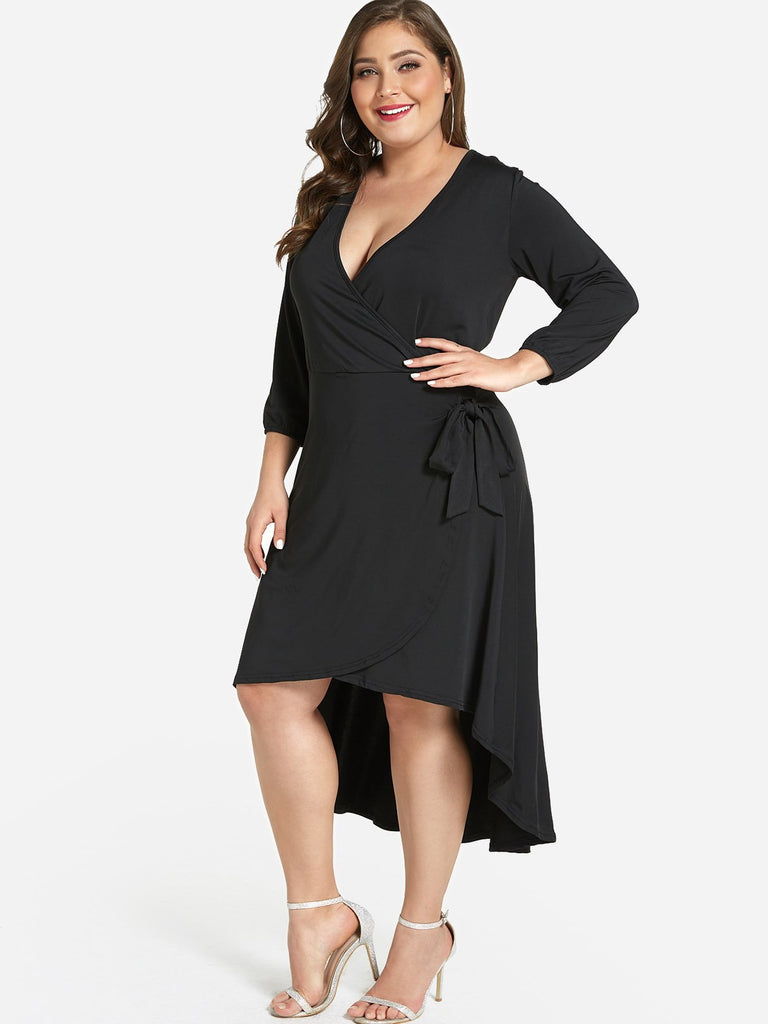 V-Neck Plain Self-Tie Wrap Long Sleeve High-Low Hem Black Plus Size Dress