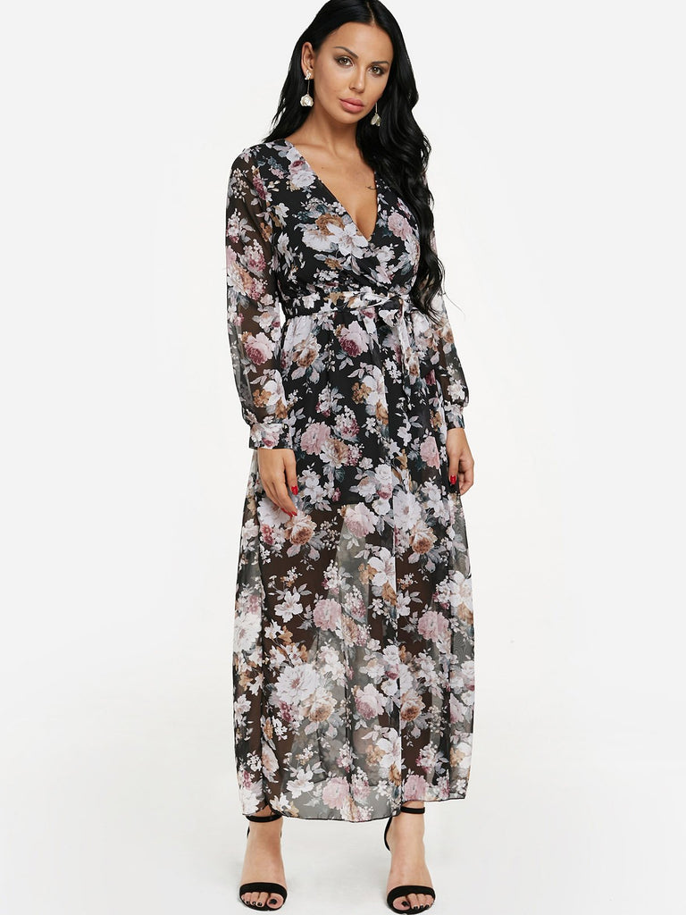 V-Neck Long Sleeve Floral Print Self-Tie Flounced Hem Black Maxi Dress