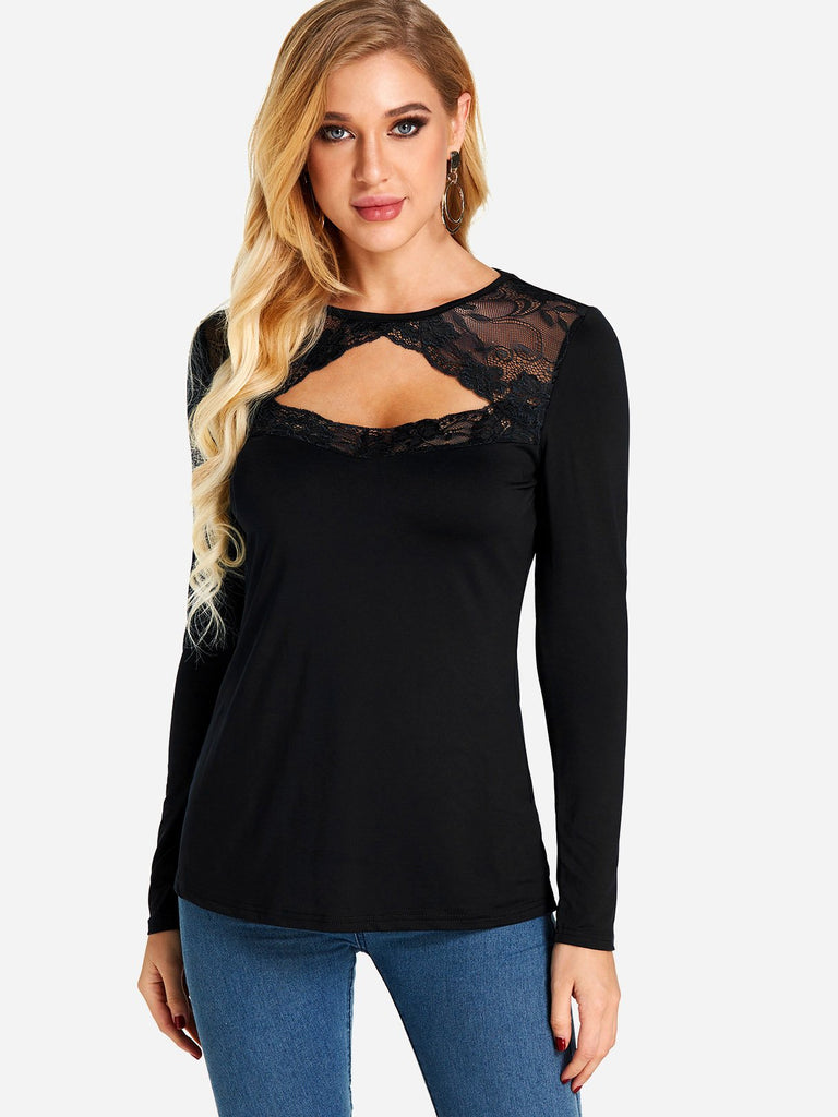Black Round Neck Long Sleeve Plain Lace Cut Out T-Shirts