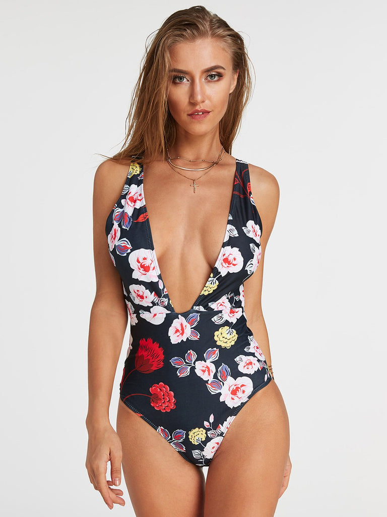 Black Deep V Neck Sleeveless Floral Print Backless Wireless One-Pieces Swimsuits