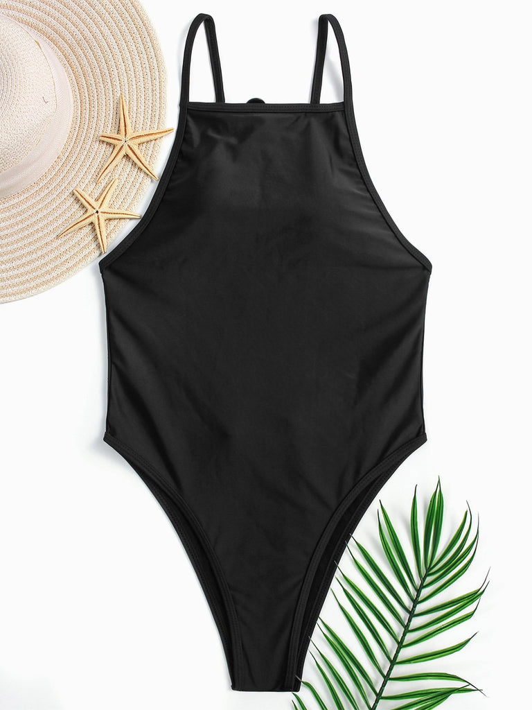 Black Halter Sleeveless Plain Cut Out One-Pieces Swimwears