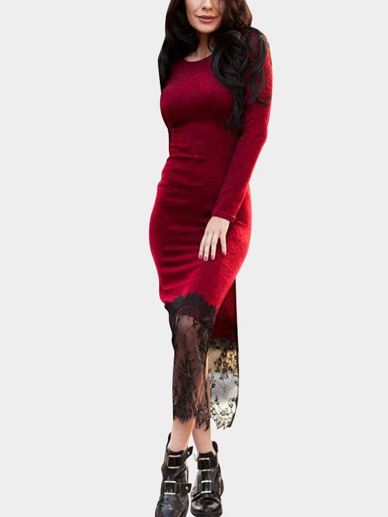 Red Round Neck Long Sleeve Lace Slit Hem Maxi Dress