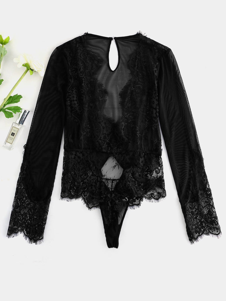 V-Neck Lace Long Sleeve Black Plus Size Intimates
