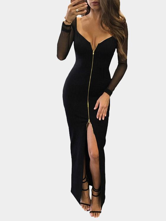 Black Deep V-Neck Long Sleeve Plain Backless Slit Hem Sexy Dress