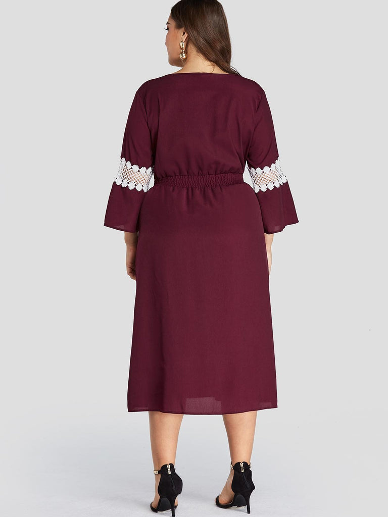 V-Neck Lace Self-Tie 3/4 Sleeve Burgundy Plus Size Dress