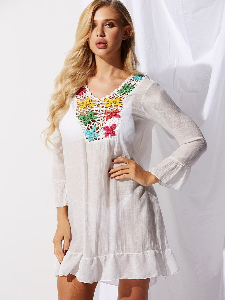 White Round Neck Long Sleeve Crochet Lace Embellished Beachwear